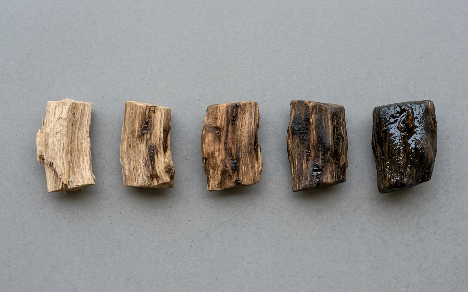 Agarwood samples laid out for authentication and grade verification
